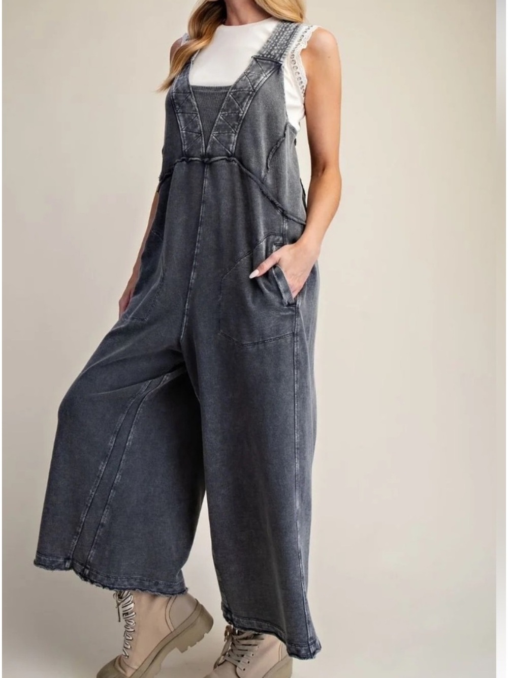 Easel Mineral Washed Jumpsuit Overalls Wide Leg Boho Large boutique
